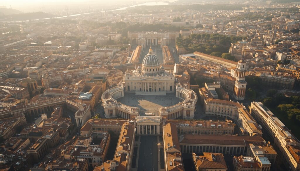 Morar no Vaticano em 2026: é possível? Guia completo para brasileiros Vista aérea da Cidade do Vaticano com a Basílica de São Pedro ao centro, o menor país do mundo onde é possível morar trabalhando para a Santa Sé em 2026