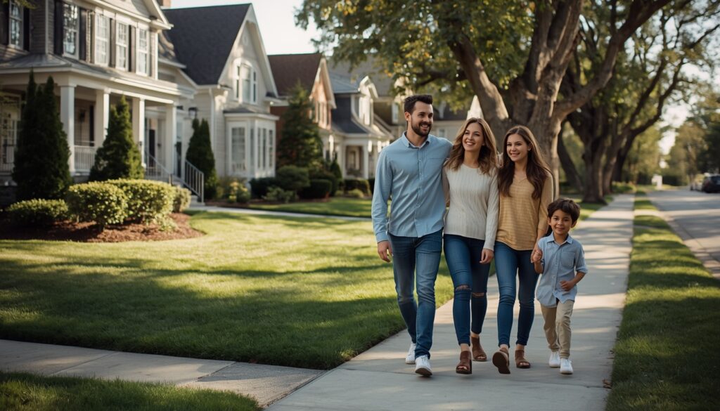 Como Morar nos Estados Unidos em 2026? Custo de Vida e Vistos Família caminhando alegre por uma rua residencial arborizada e limpa com casas de estilo americano clássico ao fundo.
