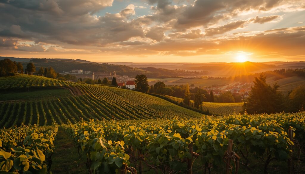 Vinhedos da Moravia do Sul na República Tcheca ao entardecer com colinas douradas e aldeias ao fundo, destino de enoturismo para brasileiros