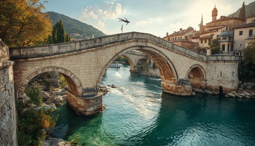 Morar na Bósnia e Herzegovina em 2026: Guia Completo para Brasileiros A Stari Most, Ponte Velha otomana do século XVI sobre o Rio Neretva em Mostar, Bósnia e Herzegovina, com casas de pedra e minaretes ao redor