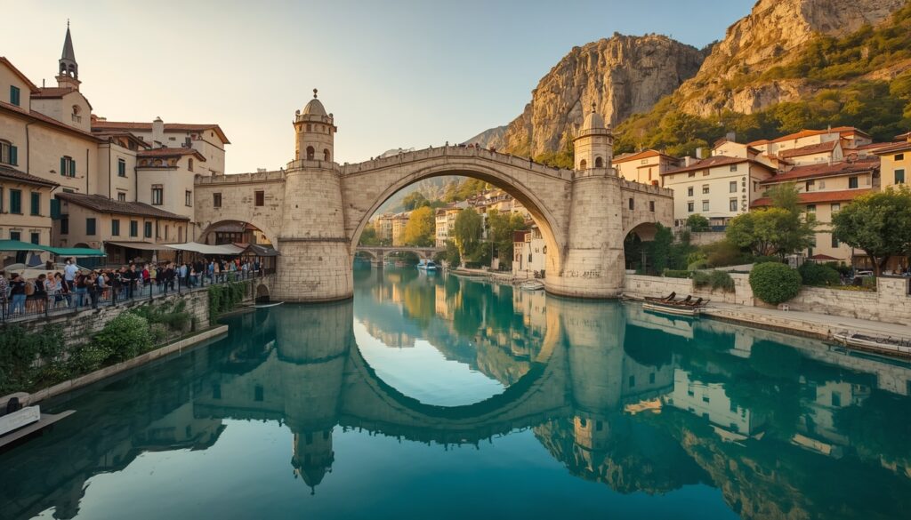 Ponte Stari Most em Mostar, Bósnia e Herzegovina, refletida no Rio Neretva — símbolo do país e centro do crescente setor de turismo que gera empregos na região