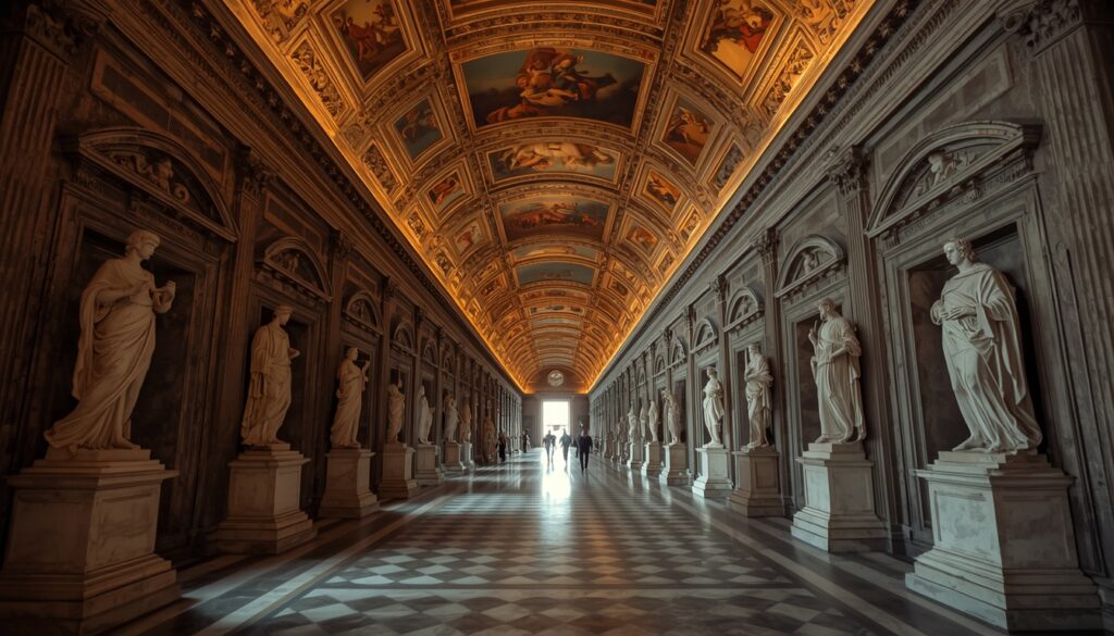 Interior dos Museus do Vaticano com corredores de arte clássica e teto decorado com afrescos