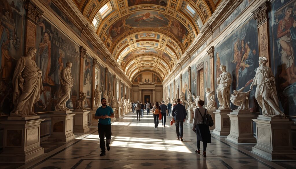 Morar no Vaticano em 2026: é possível? Guia completo para brasileiros Interior dos Museus Vaticanos com obras de arte e visitantes, local onde funcionários leigos trabalham para a Santa Sé em 2026