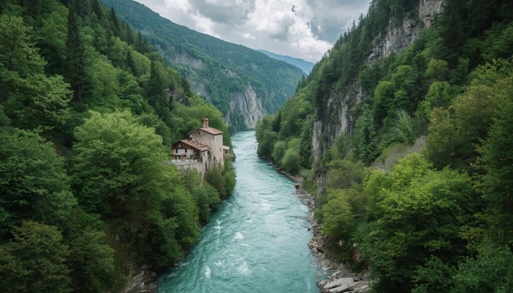 Morar na Bósnia e Herzegovina em 2026: Guia Completo para Brasileiros Rio cristalino de cor turquesa cortando vale verde exuberante nos Bálcãs, com montanhas cobertas de floresta ao fundo em dia ensolarado na Bósnia e Herzegovina