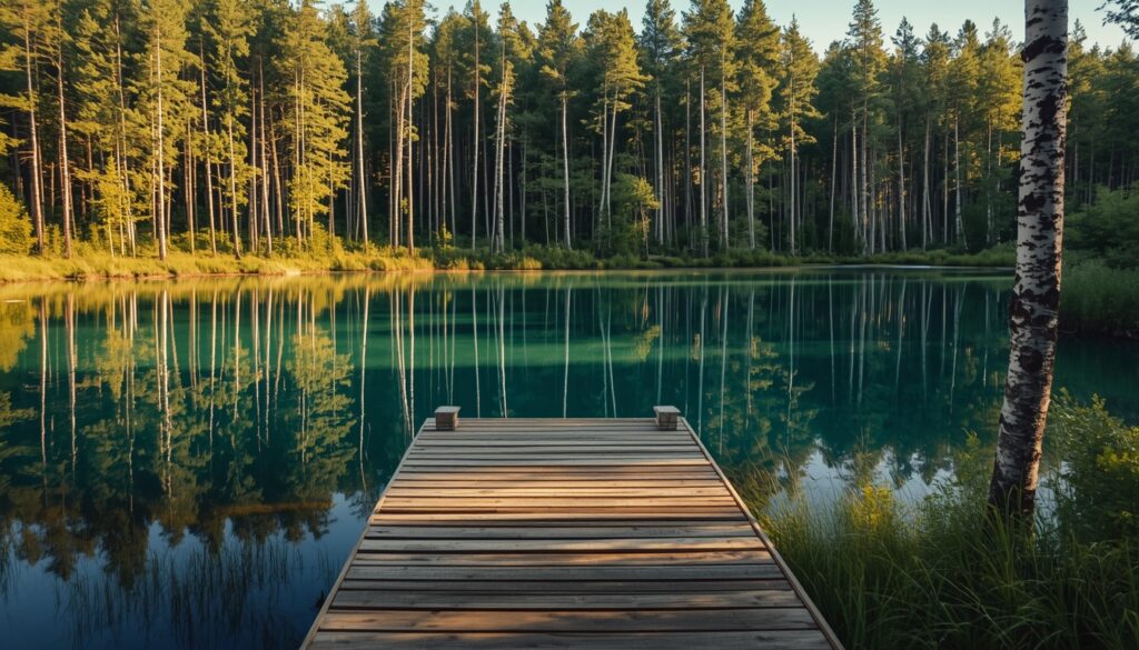 Lago cristalino cercado de florestas verdes na Estônia durante o verão báltico, representando a qualidade de vida de quem mora no país em 2026