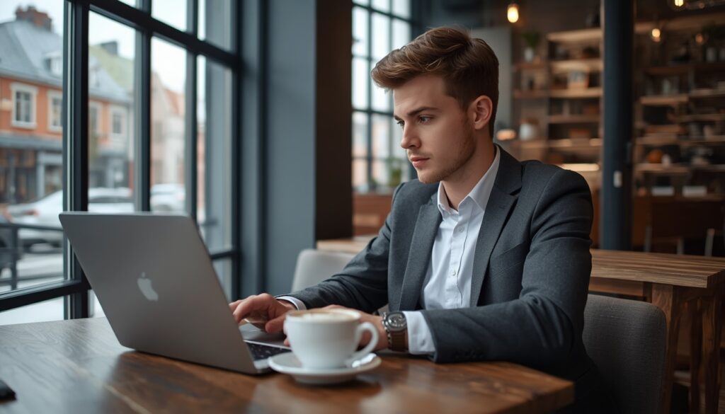visto de trabalho Estônia 2026 Profissional de tecnologia trabalhando em laptop em um café moderno de Tallinn com decoração contemporânea estoniana ao fundo