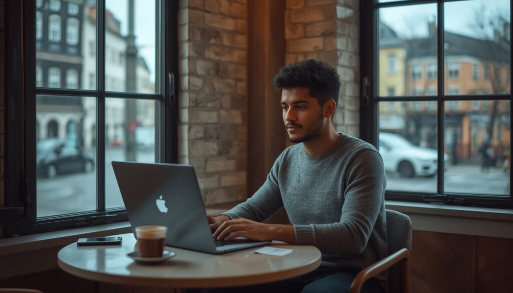 morar na Estônia Profissional trabalhando remotamente em um café moderno em Tallinn, Estônia, com Digital Nomad Visa em 2026