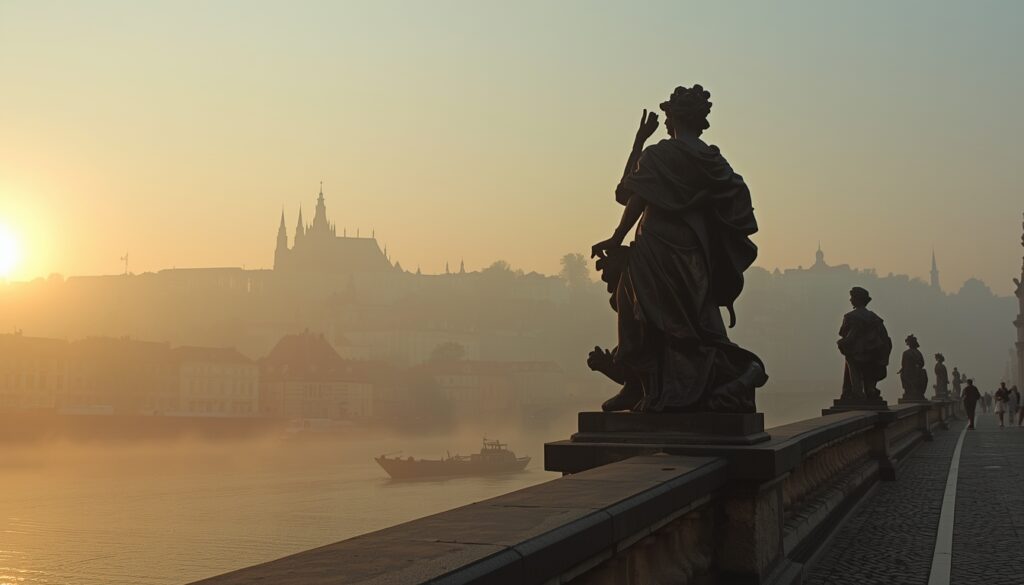 Vista da Ponte Carlos em Praga ao amanhecer com névoa sobre o Rio Moldava e o Castelo de Praga ao fundo, principal atração para quem visita a República Tcheca