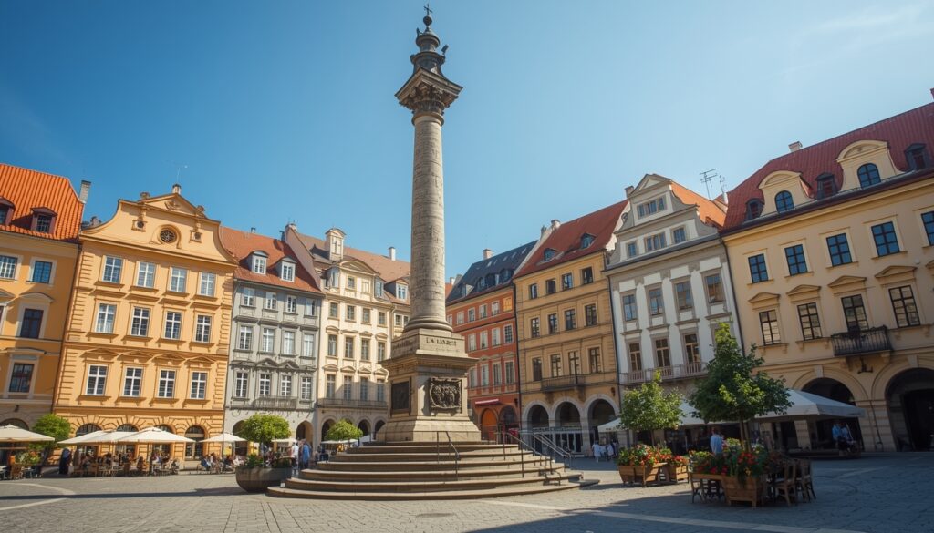 Praça principal de Olomouc na República Tcheca com a Coluna da Santíssima Trindade tombada pela UNESCO e arquitetura barroca ao redor