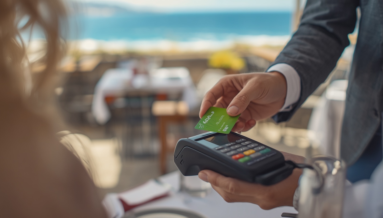 Viajante pagando com cartão Wise em restaurante na Albânia em 2026, câmbio real sem taxas