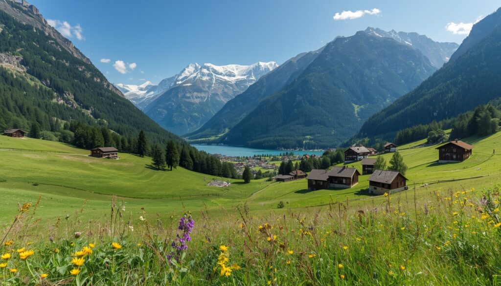 Paisagem alpina de Liechtenstein com casas tradicionais, campos verdes e montanhas ao fundo em dia ensolarado