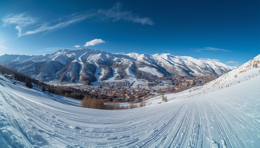 Morar em Andorra em 2026: Guia Completo para Brasileiros Paisagem de montanha nevada nos Pireneus de Andorra com pistas de esqui de Grandvalira, céu azul e vilarejo ao fundo