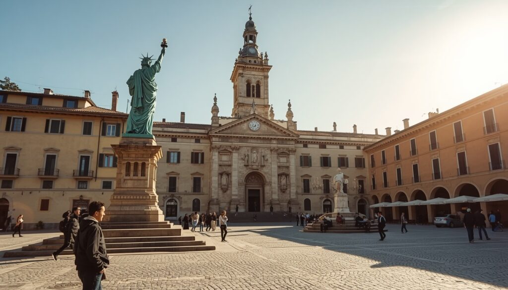 Piazza della Libertà em San Marino com o Palazzo Pubblico em estilo neogótico ao fundo e turistas caminhando pela praça
