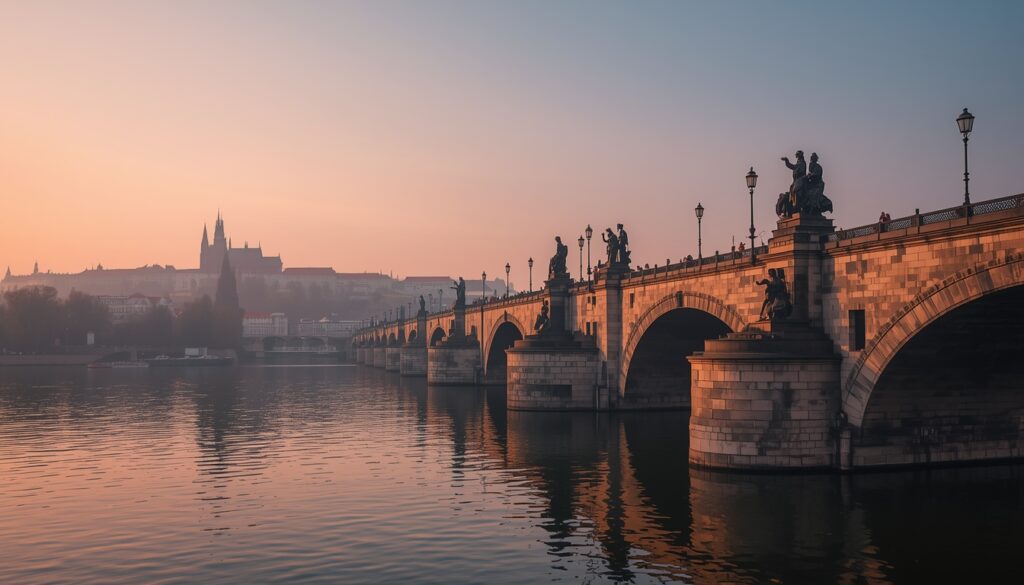 Vista panorâmica da Ponte Carlos em Praga República Tcheca ao amanhecer com o Castelo de Praga e a Catedral de São Vito silhuetados ao fundo refletidos no Rio Vltava