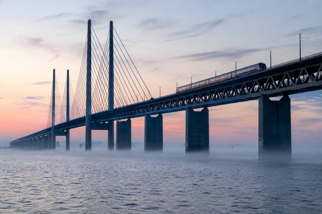 Viajar para a Suécia 2026: Guia Completo para Brasileiros Ponte de Öresund conectando Malmö na Suécia a Copenhague na Dinamarca — parte essencial de roteiros Escandinávia 2026 para brasileiros