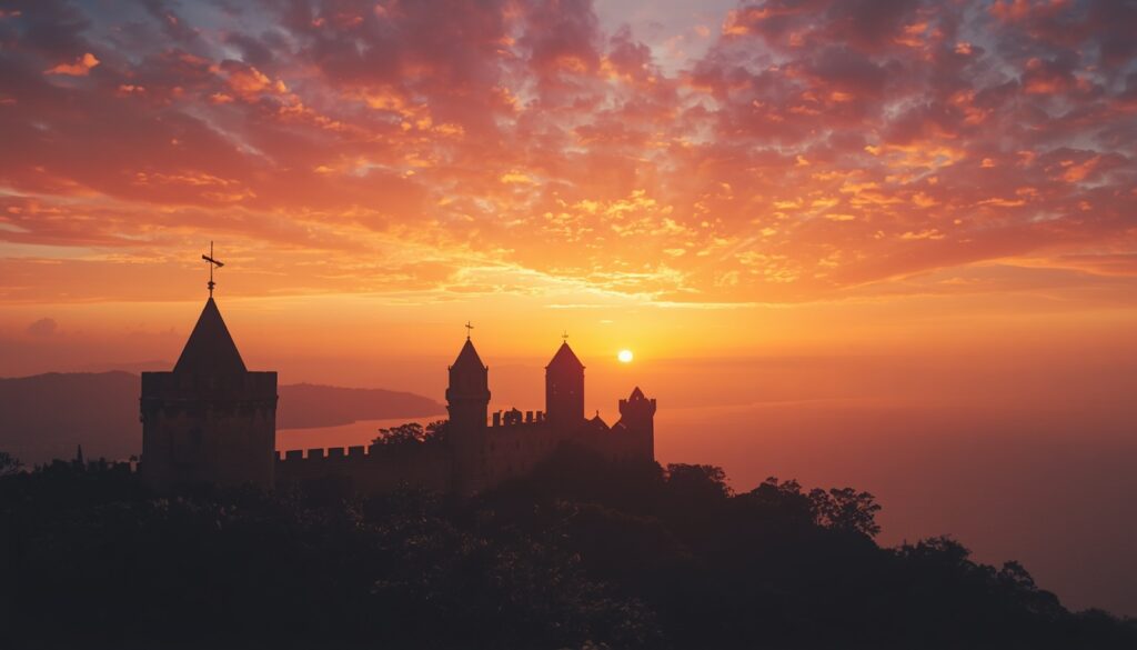 viajar para San Marino Pôr do sol visto do Monte Titano em San Marino com céu alaranjado e horizonte da Itália ao fundo