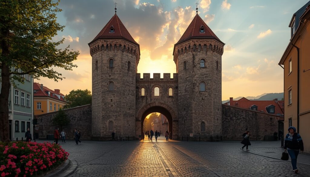 Viajar para Estônia em 2026: guia completo para brasileiros Portão Viru em Tallinn com duas torres medievais do século XIV e turistas caminhando na entrada da Cidade Velha