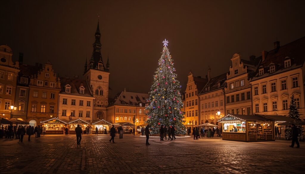 Viajar para Estônia em 2026: guia completo para brasileiros Praça da Câmara Municipal de Tallinn decorada para o mercado de Natal com árvore iluminada e barracas ao redor