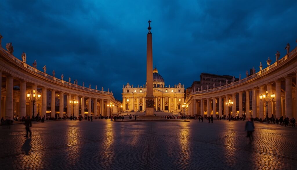 Praça de São Pedro no Vaticano iluminada ao entardecer com turistas e a Basílica ao fundo — viagem segura ao Vaticano em 2026