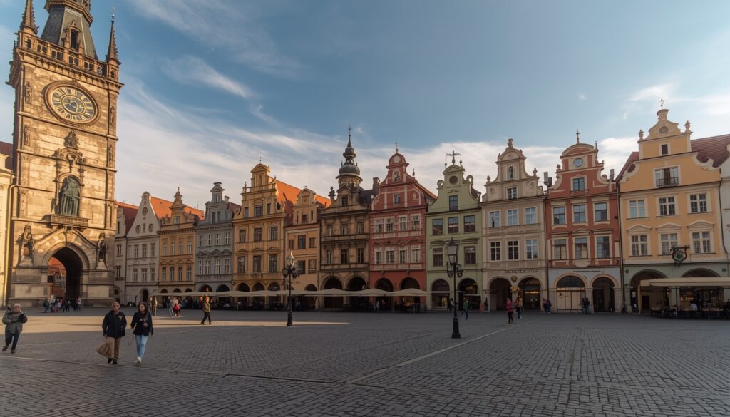 o que fazer em Praga Praça da Cidade Velha de Praga com o Relógio Astronômico Orloj e arquitetura gótica colorida ao redor, ponto turístico imperdível da República Tcheca