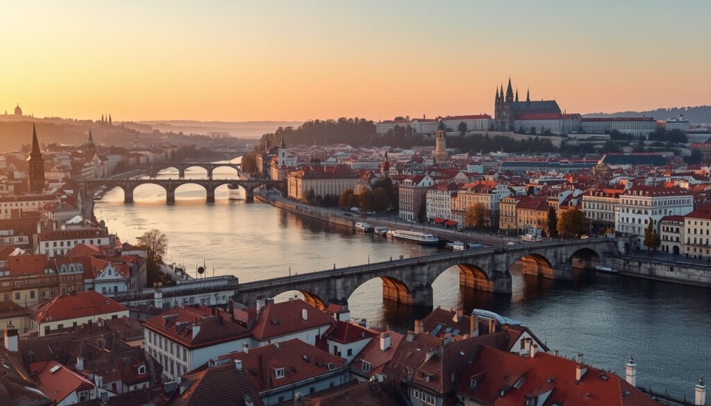 Vista aérea panorâmica de Praga República Tcheca ao amanhecer com a Ponte Carlos sobre o Rio Vltava e o Castelo de Praga com a Catedral de São Vito ao fundo em luz dourada