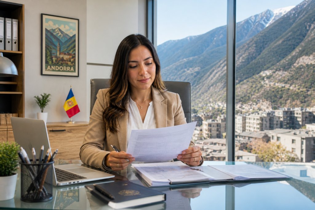 Jovem profissional brasileiro trabalhando em escritório moderno em Andorra la Vella com vista para os Pirineus ao fundo — realidade de quem escolheu trabalhar em Andorra