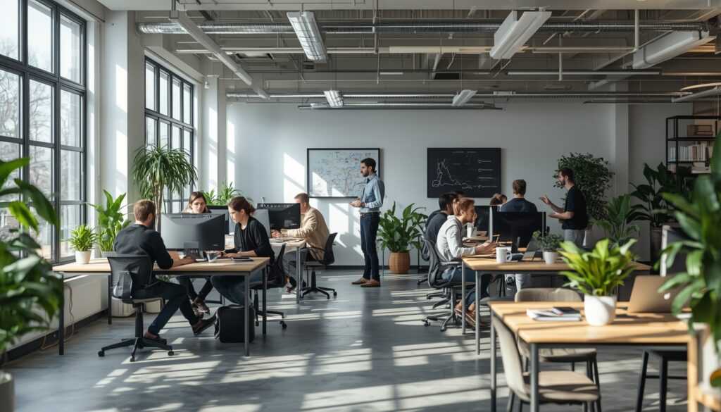 Profissional de tecnologia trabalhando em ambiente de startup moderno em Riga na Letônia, representando o mercado de TI para brasileiros