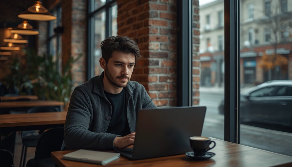 Profissional de tecnologia trabalhando em café moderno em Minsk — custo de vida em Belarus em 2026 permite boa qualidade de vida para trabalhadores do setor de TI