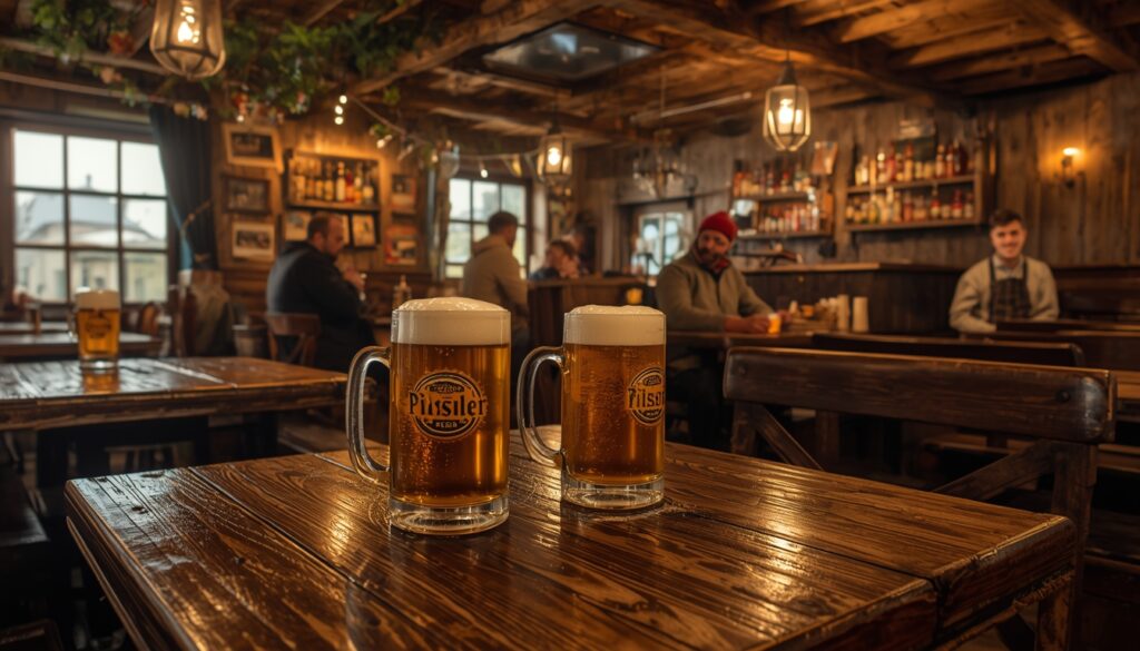 Interior de hospoda (pub tradicional tcheco) em Praga com mesas de madeira, canecas de cerveja Pilsner e atmosfera aconchegante típica da República Tcheca