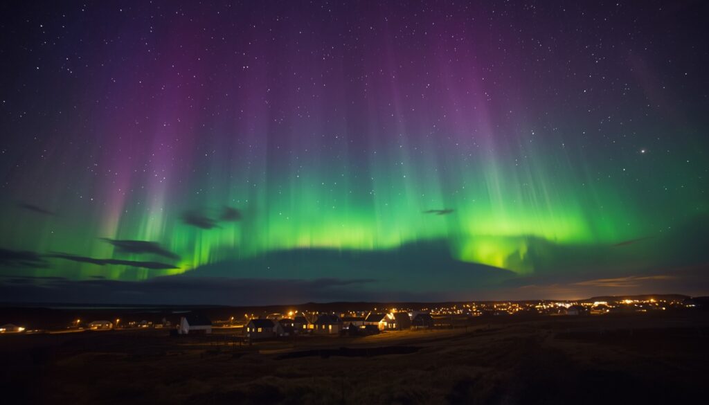 Aurora boreal sobre paisagem islandesa representando a qualidade de vida para quem vai morar e trabalhar na Islândia