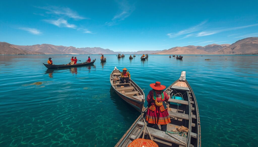 barcos típicos no Lago Titicaca durante viagem para o Peru em 2026 com montanhas ao fundo
