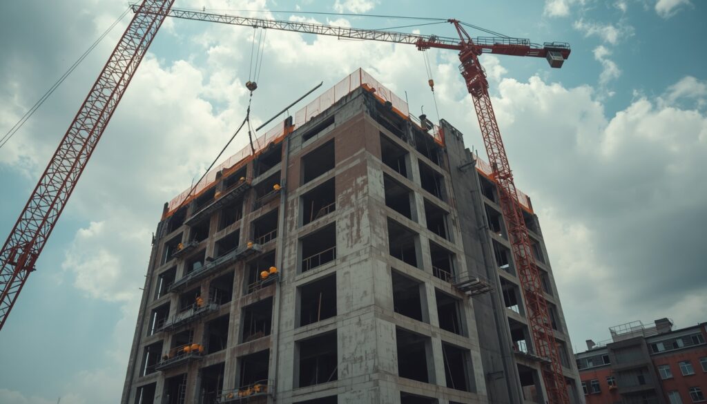 trabalhar na Ucrânia Obras de reconstrução em cidade ucraniana com guindaste e trabalhadores, representando as oportunidades profissionais no processo de reconstrução da Ucrânia pós-guerra