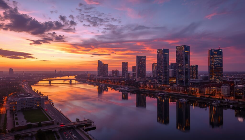 Vista panorâmica do skyline moderno de Riga na Letônia às margens do Rio Daugava, mostrando o contraste entre arquitetura histórica e moderna