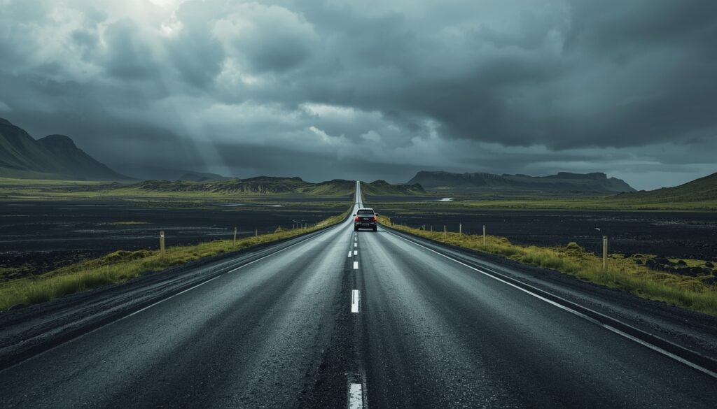 Estrada Ring Road atravessando campos de lava e montanhas vulcânicas da Islândia com céu nublado dramático 2026