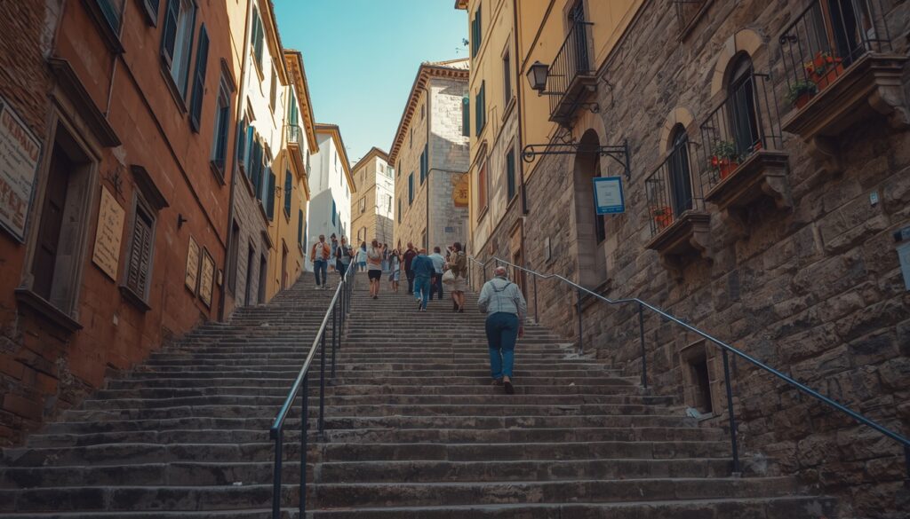 Escadarias de pedra no centro histórico de San Marino, terreno que aumenta o risco de quedas e acidentes para turistas sem seguro viagem em 2026