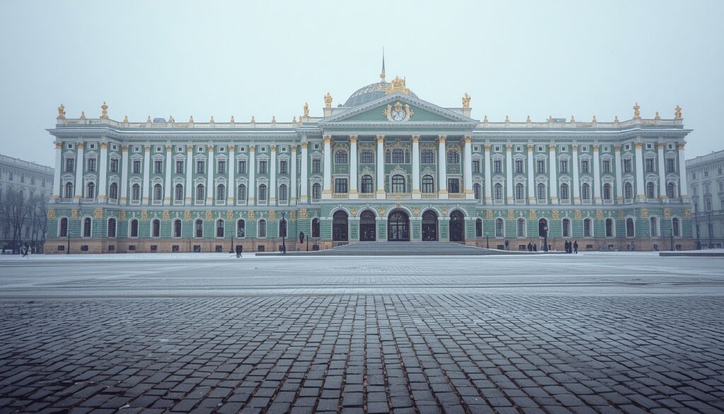 Museu Hermitage em São Petersburgo coberto de neve no inverno russo — viajantes brasileiros precisam de seguro viagem com cobertura para a Rússia para visitar a segunda maior cidade do país em 2026