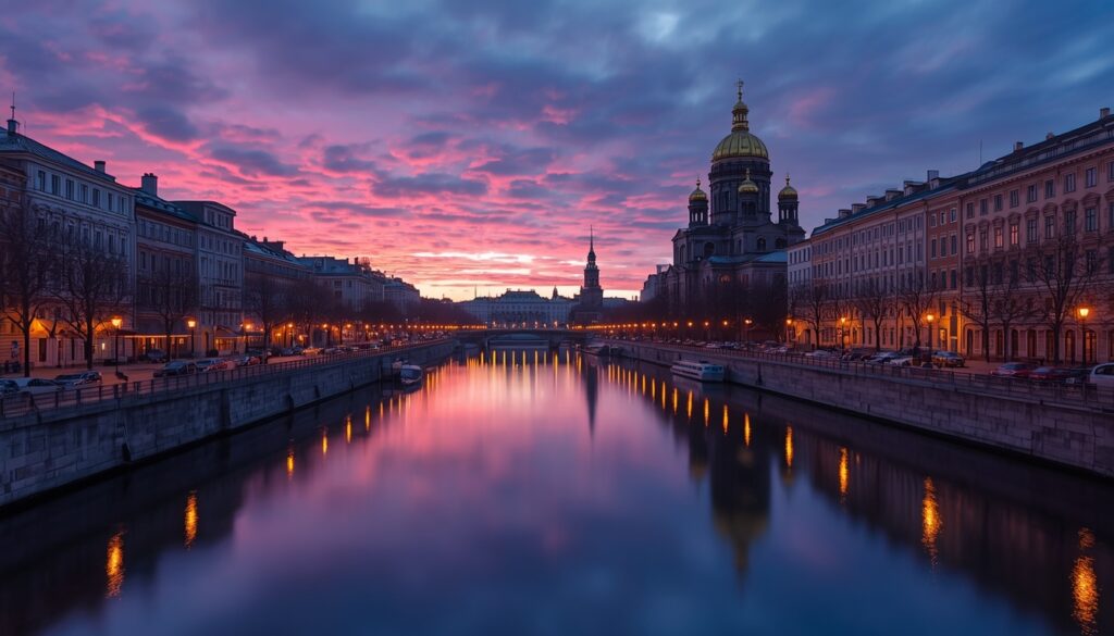 São Petersburgo ao entardecer com reflexo dos canais históricos — segunda maior cidade da Rússia e alternativa a Moscou para brasileiros que querem trabalhar na Rússia com custo de vida menor