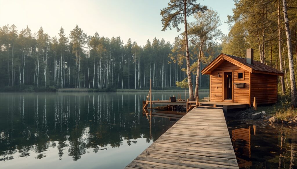 viajar para a Finlândia Sauna de madeira tradicional à beira de lago cristalino na Finlândia durante o verão, uma das experiências culturais obrigatórias para quem viaja ao país em 2026