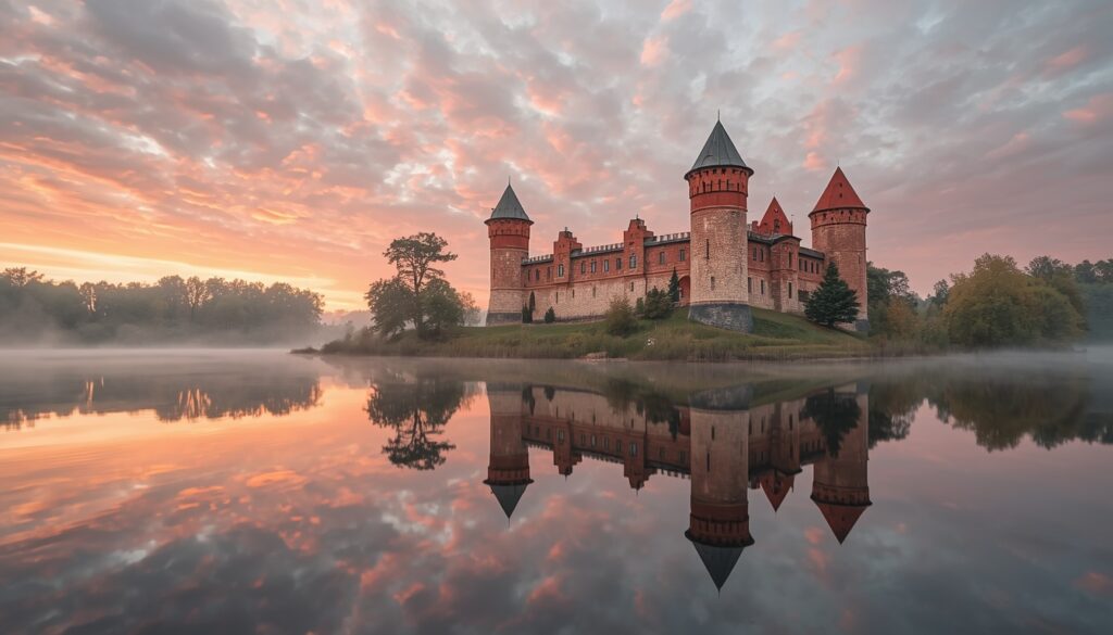 Castelo de Mir em Belarus, Patrimônio Mundial da UNESCO, refletido no lago — melhor seguro viagem para Belarus 2026
