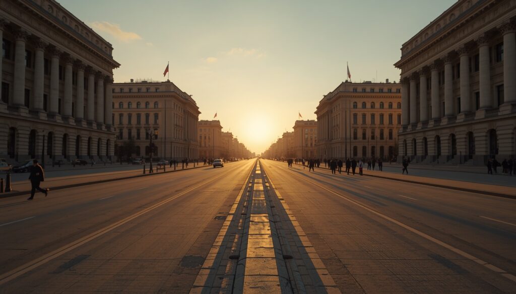 Seguro Viagem Belarus 2026: guia completo para brasileiros Avenida principal de Minsk com arquitetura monumental soviética ao entardecer — seguro viagem Belarus obrigatório para turistas brasileiros 2026
