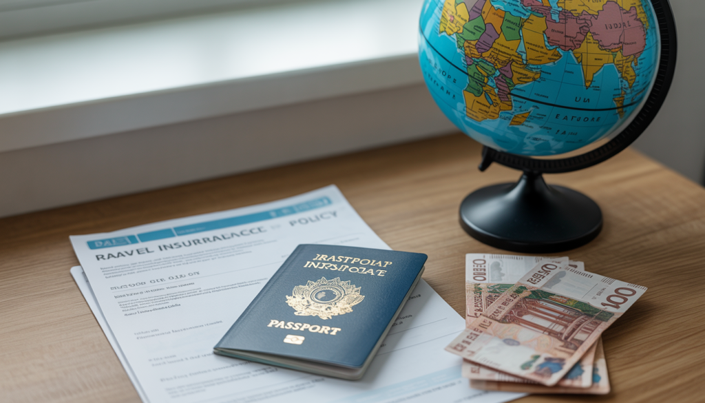 Passaporte brasileiro, apólice de seguro viagem e rublos belarussos sobre mesa — seguro viagem Belarus obrigatório documentação turista 2026