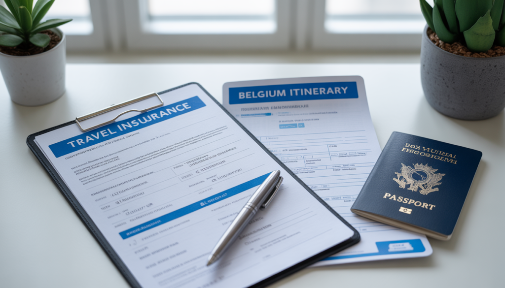 Apólice de seguro viagem para a Bélgica ao lado de passaporte brasileiro e documentos para visto Schengen sobre mesa