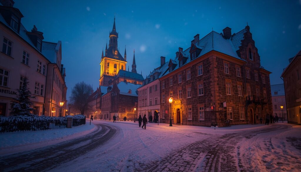 Centro histórico medieval de Tallinn coberto de neve no inverno — seguro viagem para a Estônia obrigatório Schengen 2026