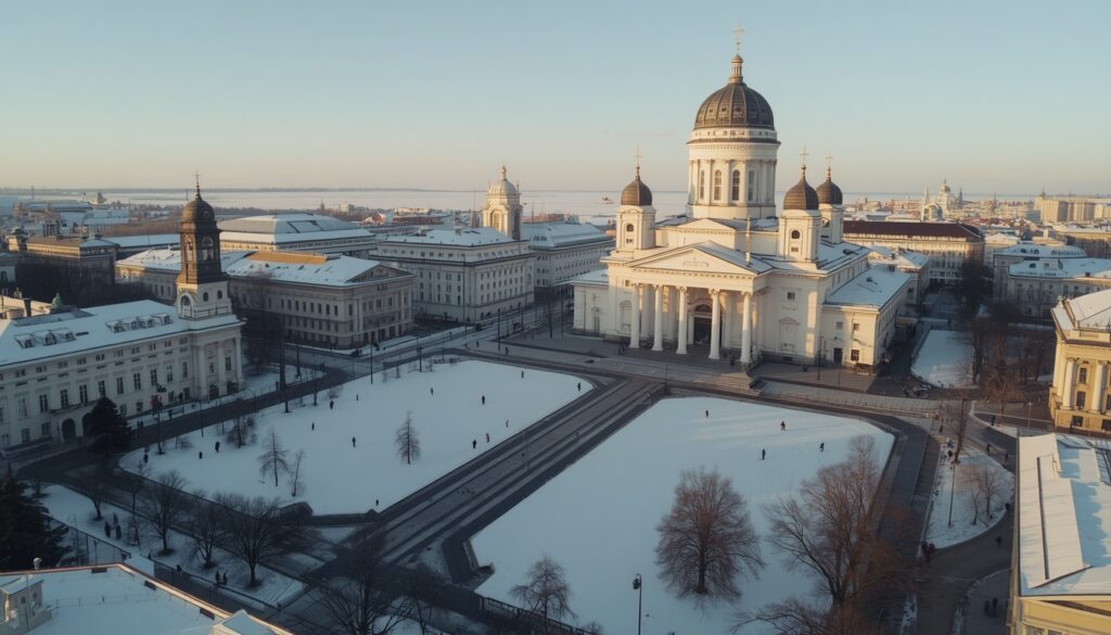Seguro viagem Finlândia obrigatório — vista da Catedral de Helsinque coberta de neve no inverno finlandês