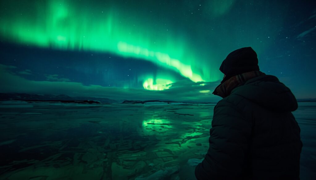 Turista observando aurora boreal na Islândia no inverno — seguro viagem Europa Schengen Islândia com cobertura completa