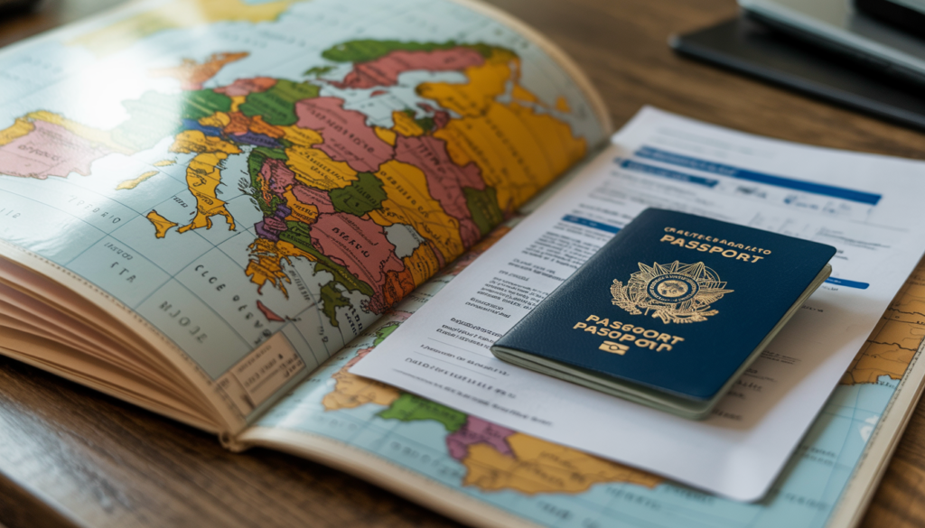 Passaporte brasileiro e apólice de seguro viagem sobre mapa da Europa — seguro viagem Islândia obrigatório pelo Tratado de Schengen
