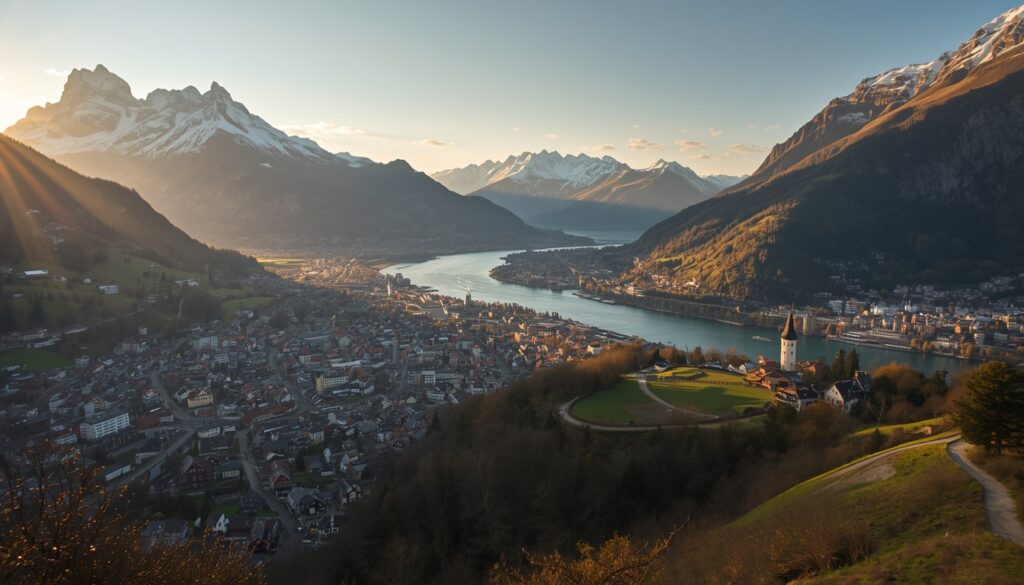  Vista panorâmica da cidade de Vaduz, capital de Liechtenstein, com os Alpes ao fundo, destino que exige seguro viagem com cobertura Schengen