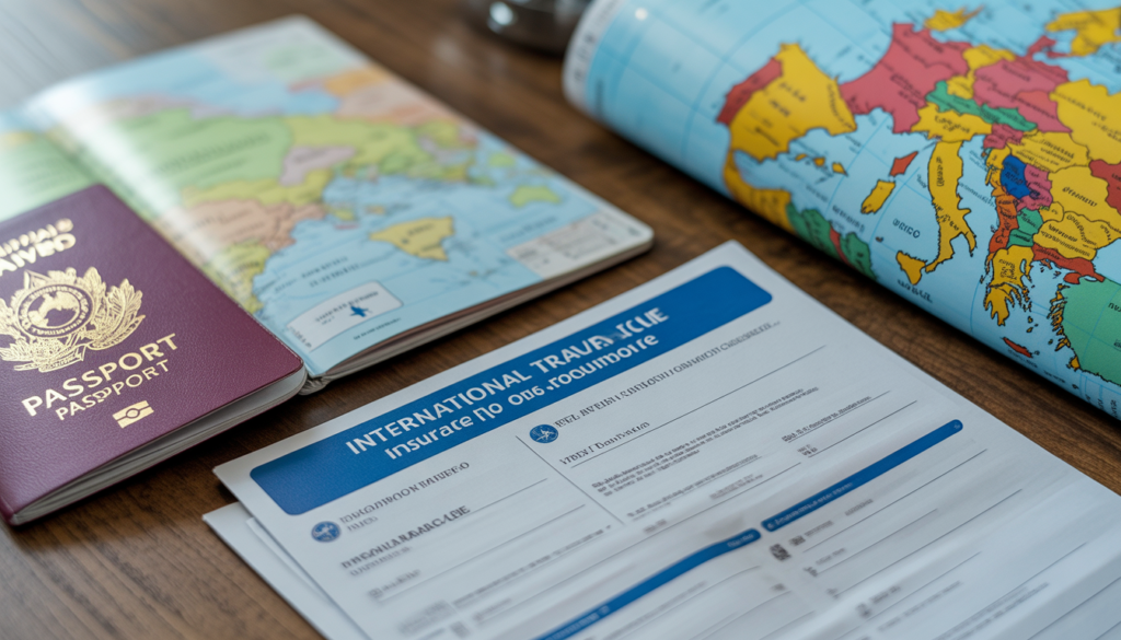 Apólice de seguro viagem internacional sobre mesa ao lado de passaporte brasileiro e mapa da Europa, documentação obrigatória para visto Schengen e viagem a Luxemburgo em 2026