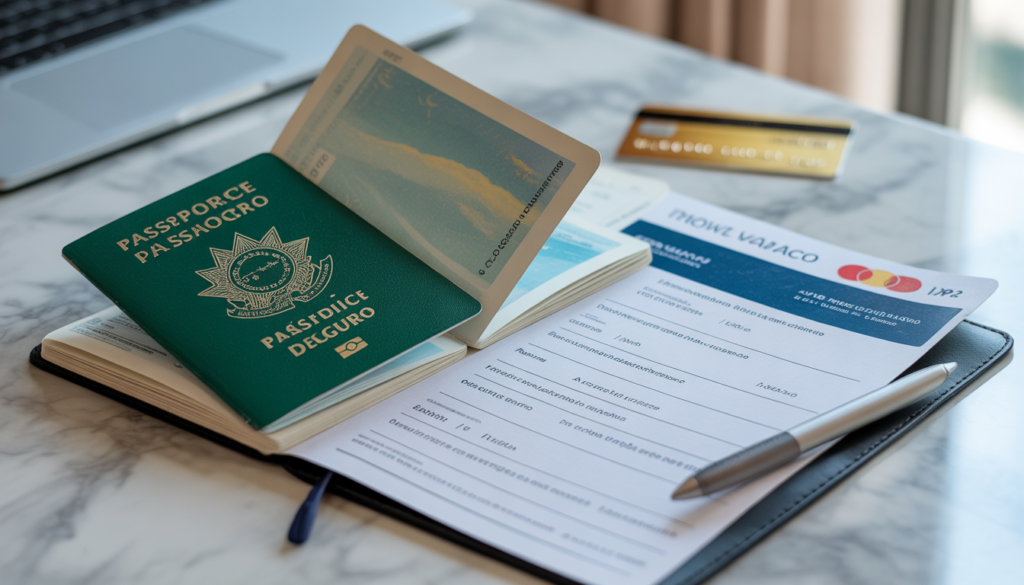 Passaporte brasileiro aberto sobre mesa ao lado de apólice impressa de seguro viagem para Mônaco e cartão de crédito