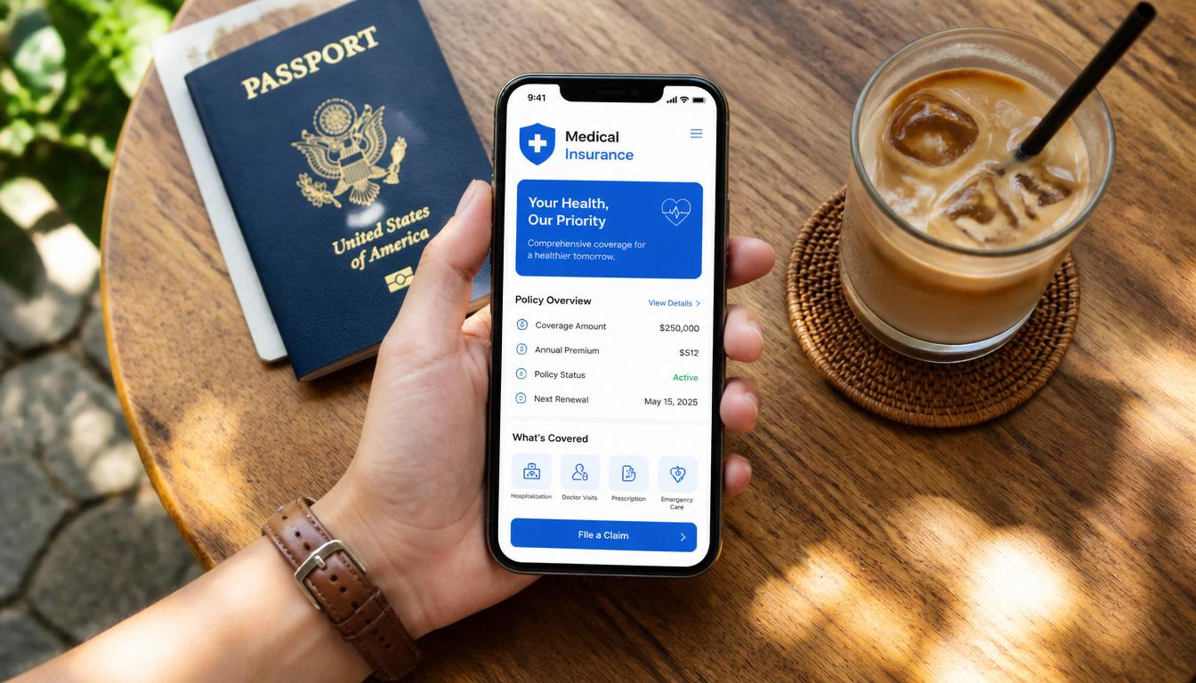 Viajante acessando a apólice do seguro viagem no celular para a Costa Rica — contratação digital e acesso rápido em emergências em 2026